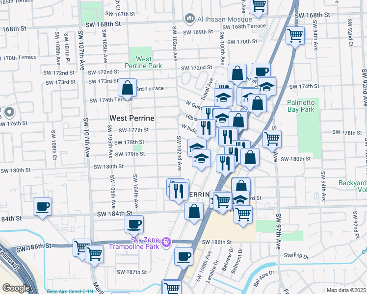 map of restaurants, bars, coffee shops, grocery stores, and more near 10075 Kumquat Street in Cutler Bay