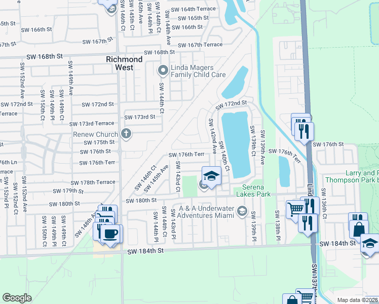 map of restaurants, bars, coffee shops, grocery stores, and more near 14301 Southwest 176th Terrace in Miami