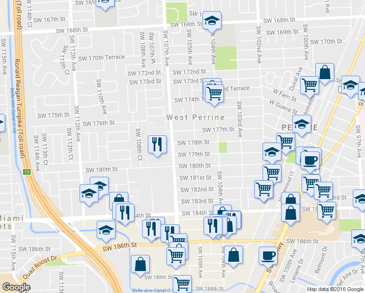 map of restaurants, bars, coffee shops, grocery stores, and more near 10610 Southwest 178th Street in Miami