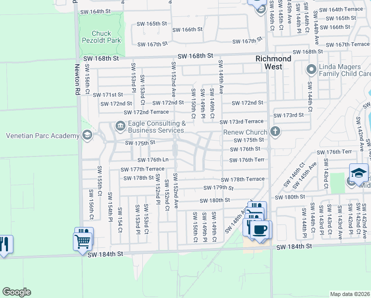 map of restaurants, bars, coffee shops, grocery stores, and more near 15146 Southwest 176th Street in Miami