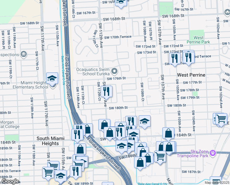 map of restaurants, bars, coffee shops, grocery stores, and more near 17800 Southwest 110th Court in Miami