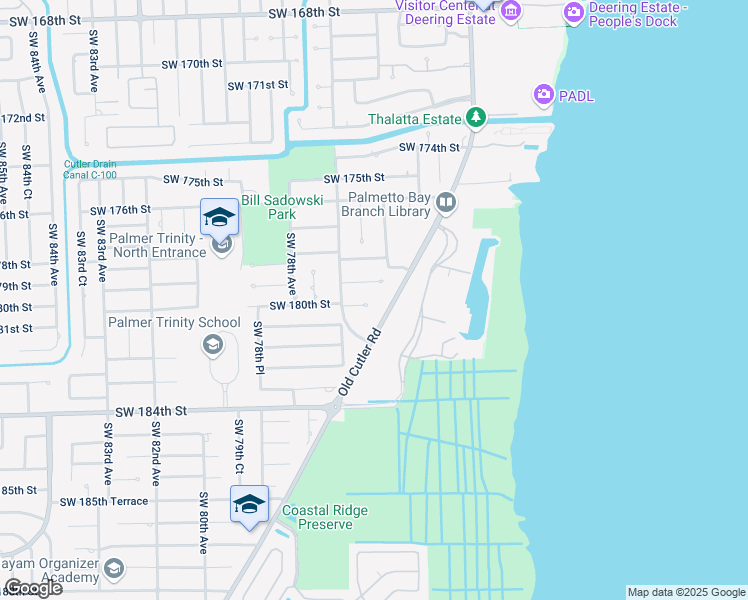 map of restaurants, bars, coffee shops, grocery stores, and more near 7605 Southwest 180th Terrace in Palmetto Bay