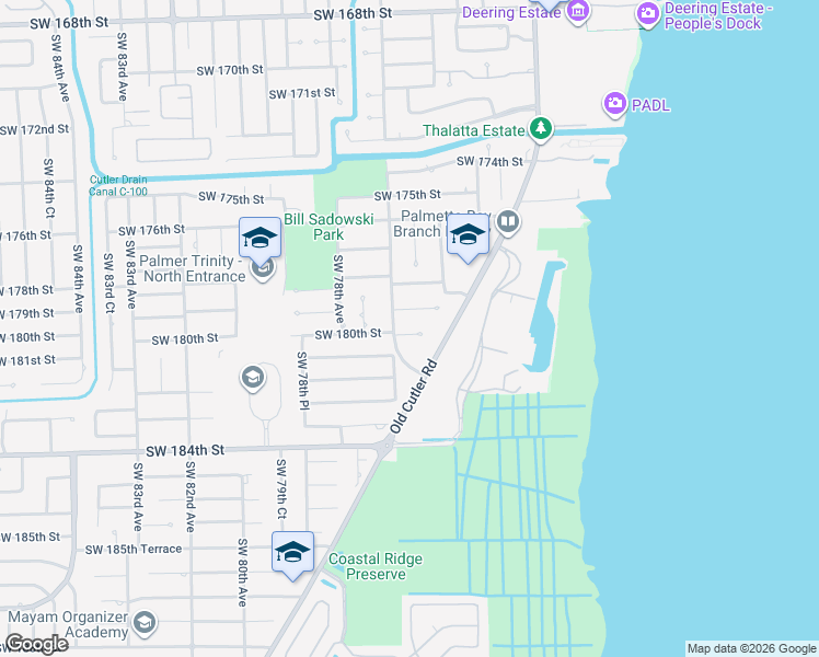 map of restaurants, bars, coffee shops, grocery stores, and more near 7700 Southwest 180th Street in Palmetto Bay