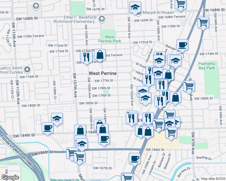 map of restaurants, bars, coffee shops, grocery stores, and more near 10331 Southwest 179th Street in Miami