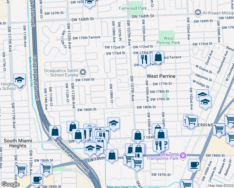 map of restaurants, bars, coffee shops, grocery stores, and more near 17842 Southwest 107th Avenue in Miami