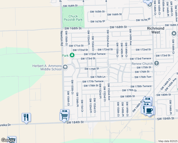map of restaurants, bars, coffee shops, grocery stores, and more near 15393 Southwest 176th Terrace in Miami
