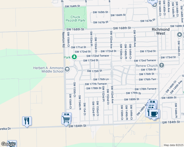 map of restaurants, bars, coffee shops, grocery stores, and more near 15393 Southwest 176th Terrace in Miami