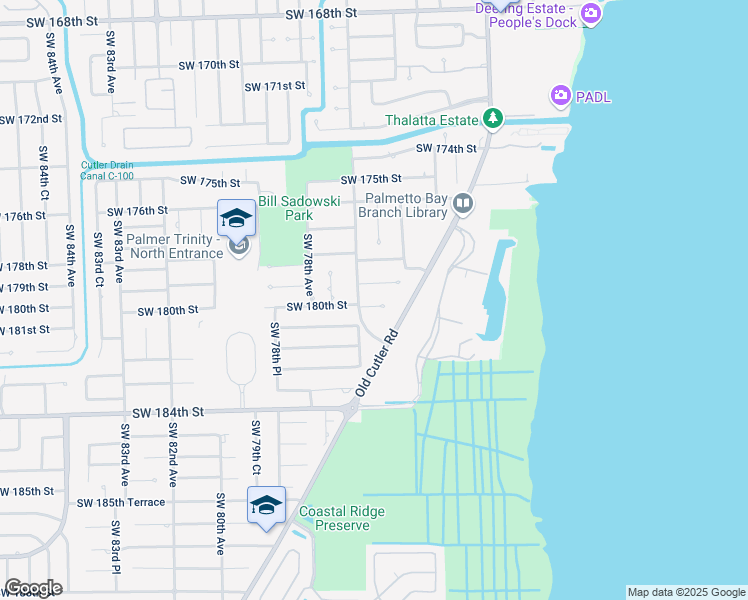 map of restaurants, bars, coffee shops, grocery stores, and more near 7605 Southwest 180th Terrace in Palmetto Bay