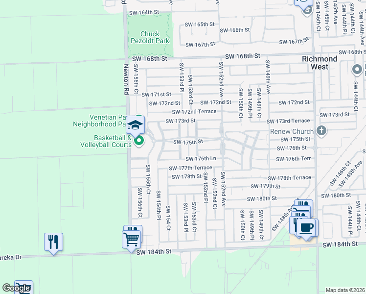 map of restaurants, bars, coffee shops, grocery stores, and more near 15393 Southwest 176th Terrace in Miami