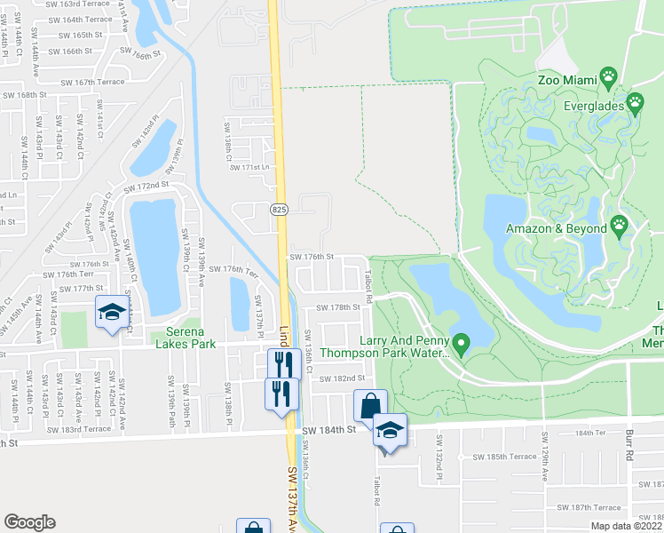 map of restaurants, bars, coffee shops, grocery stores, and more near 17625 Southwest 135th Avenue in Miami