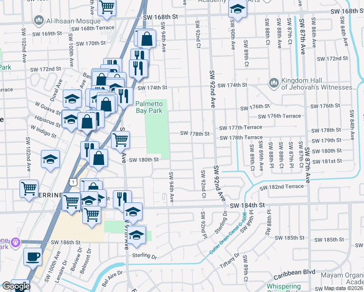 map of restaurants, bars, coffee shops, grocery stores, and more near 9325 Southwest 179th Terrace in Palmetto Bay