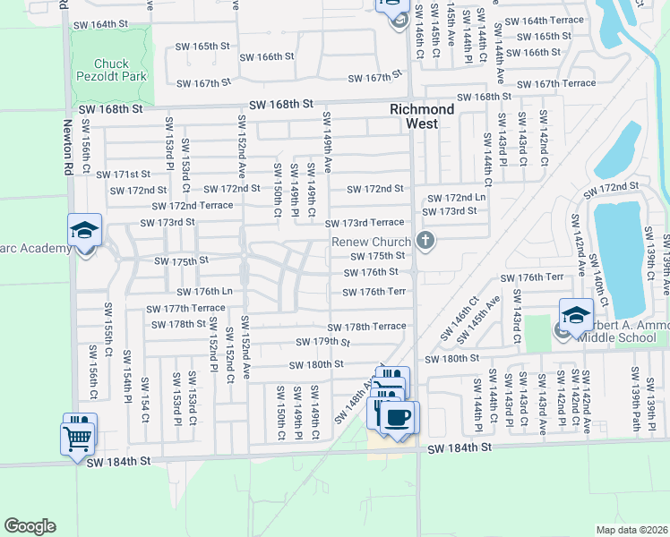 map of restaurants, bars, coffee shops, grocery stores, and more near 14848 Southwest 176th Street in Miami