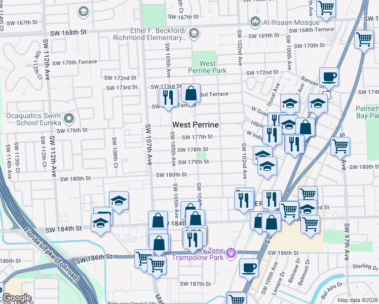 map of restaurants, bars, coffee shops, grocery stores, and more near 17820 Southwest 104th Avenue in Miami