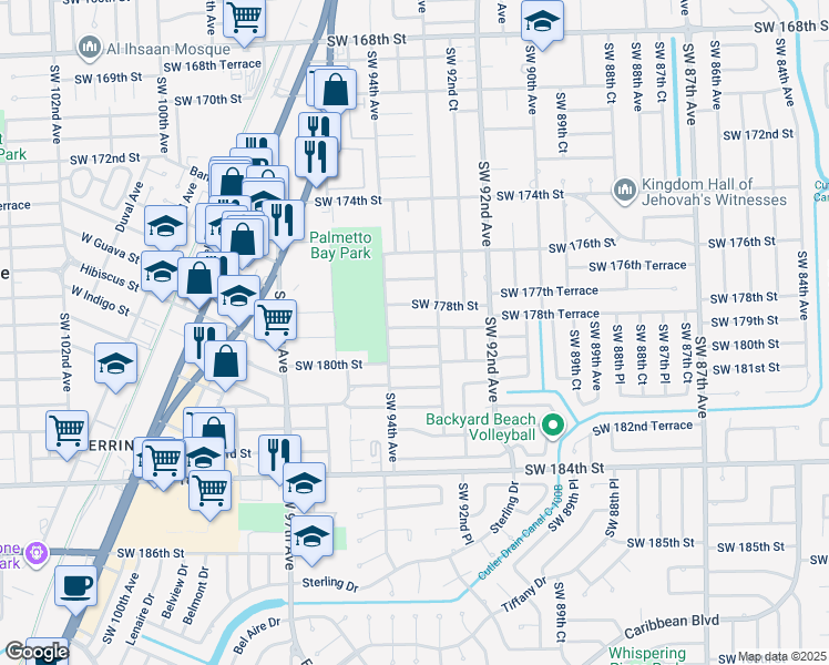 map of restaurants, bars, coffee shops, grocery stores, and more near 9325 Southwest 179th Terrace in Palmetto Bay