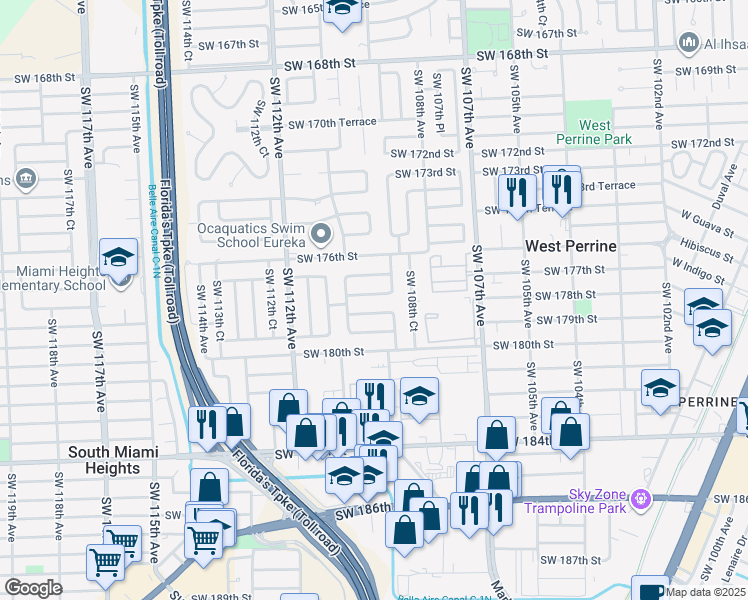 map of restaurants, bars, coffee shops, grocery stores, and more near 10961 Southwest 178th Terrace in Miami