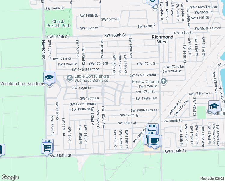 map of restaurants, bars, coffee shops, grocery stores, and more near 17611 Southwest 150th Court in Miami