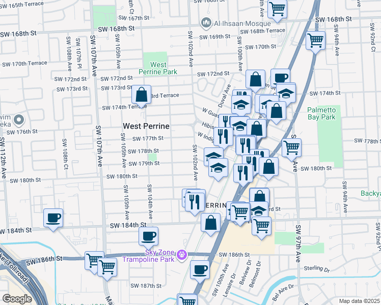 map of restaurants, bars, coffee shops, grocery stores, and more near 10075 Kumquat Street in Cutler Bay