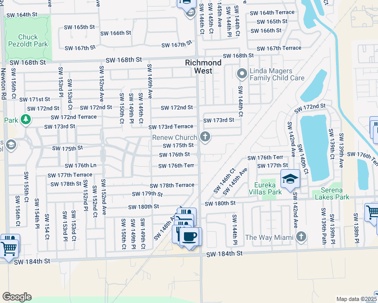 map of restaurants, bars, coffee shops, grocery stores, and more near 14735 Southwest 176th Street in Miami
