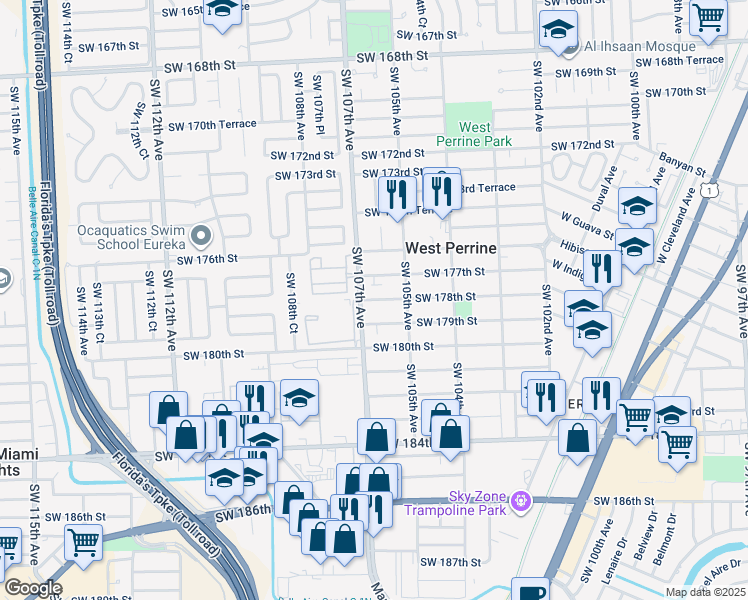 map of restaurants, bars, coffee shops, grocery stores, and more near 10610 Southwest 178th Street in Miami