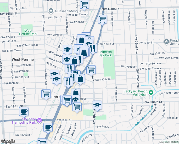 map of restaurants, bars, coffee shops, grocery stores, and more near 9705 East Hibiscus Street in Palmetto Bay