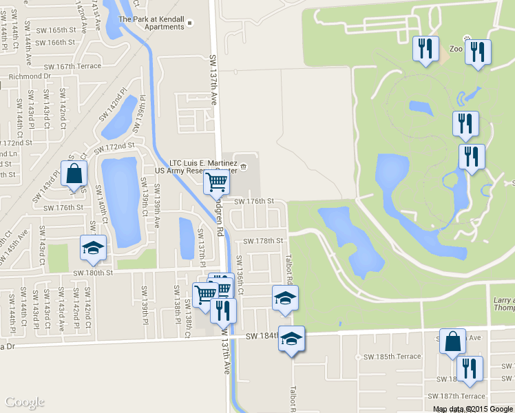 map of restaurants, bars, coffee shops, grocery stores, and more near 17646 Southwest 135th Avenue in Miami