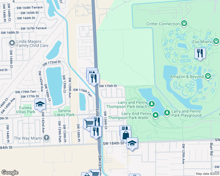 map of restaurants, bars, coffee shops, grocery stores, and more near 17646 Southwest 135th Avenue in Miami