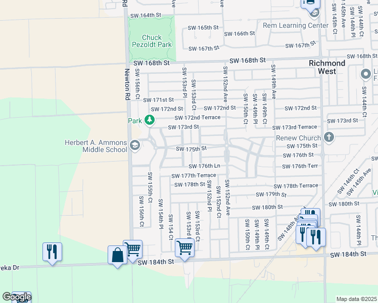 map of restaurants, bars, coffee shops, grocery stores, and more near 17506 Southwest 153rd Court in Miami