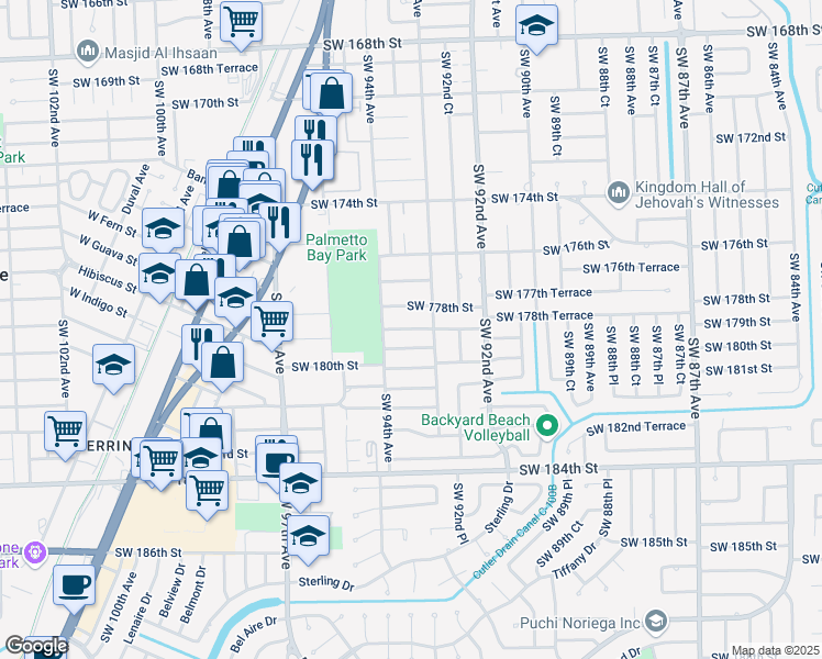 map of restaurants, bars, coffee shops, grocery stores, and more near 9325 Southwest 179th Terrace in Palmetto Bay