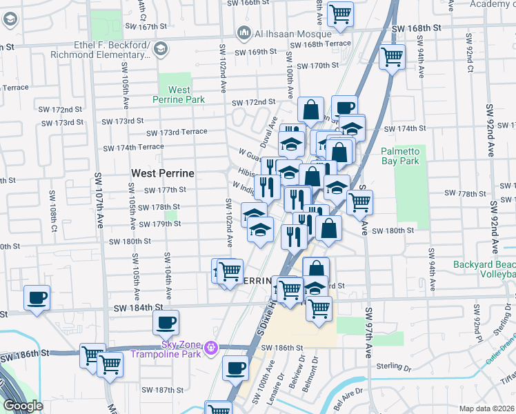 map of restaurants, bars, coffee shops, grocery stores, and more near 10000 West Jessamine Street in Miami