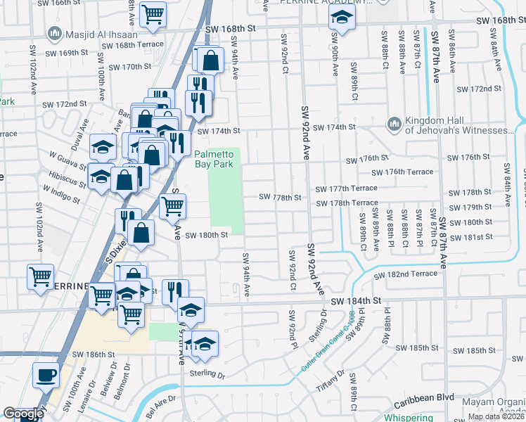 map of restaurants, bars, coffee shops, grocery stores, and more near 9325 Southwest 179th Terrace in Palmetto Bay