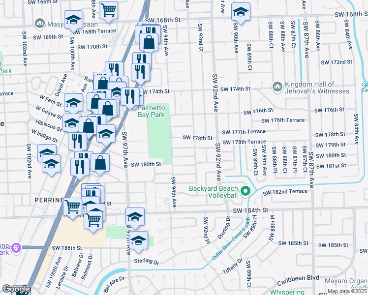 map of restaurants, bars, coffee shops, grocery stores, and more near 9325 Southwest 179th Terrace in Palmetto Bay