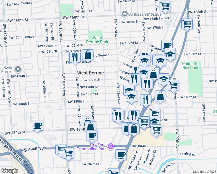 map of restaurants, bars, coffee shops, grocery stores, and more near 10255 Southwest 179th Street in Miami