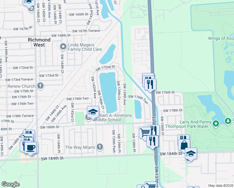 map of restaurants, bars, coffee shops, grocery stores, and more near 17640 Southwest 139th Court in Miami