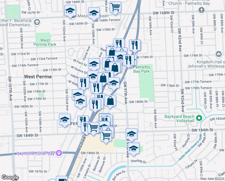 map of restaurants, bars, coffee shops, grocery stores, and more near 9823 Hibiscus Street in Cutler Bay