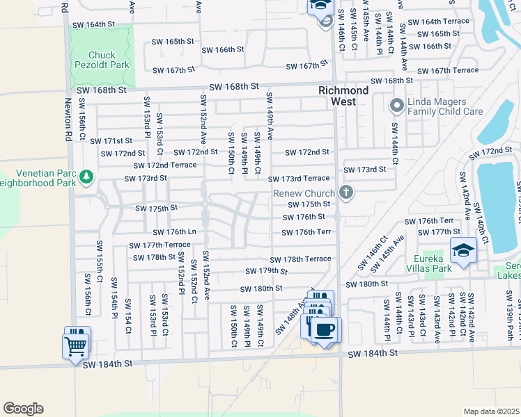 map of restaurants, bars, coffee shops, grocery stores, and more near 14922 Southwest 176th Street in Miami