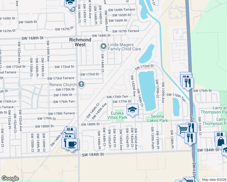 map of restaurants, bars, coffee shops, grocery stores, and more near 14358 Southwest 175th Terrace in Miami