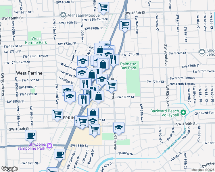 map of restaurants, bars, coffee shops, grocery stores, and more near 9705 East Hibiscus Street in Palmetto Bay