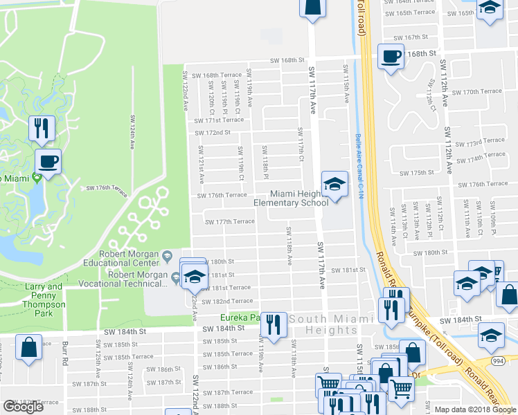 map of restaurants, bars, coffee shops, grocery stores, and more near 17625 Southwest 119th Avenue in Miami