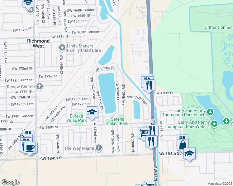 map of restaurants, bars, coffee shops, grocery stores, and more near 13905 Southwest 176th Lane in Miami