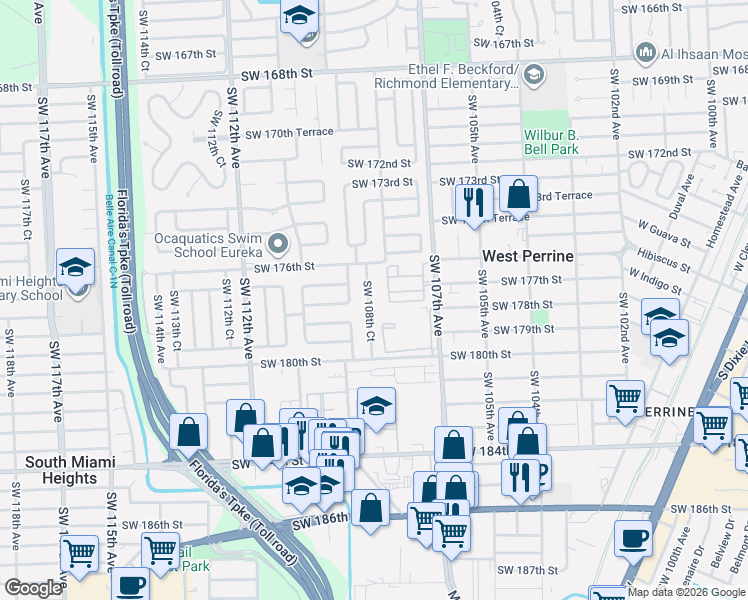 map of restaurants, bars, coffee shops, grocery stores, and more near 17721 Southwest 108th Court in Miami