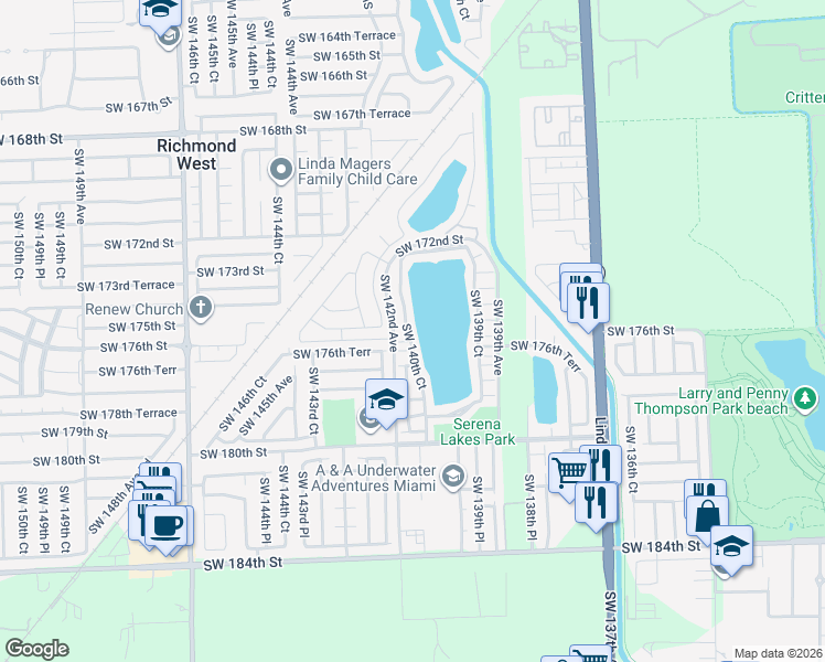 map of restaurants, bars, coffee shops, grocery stores, and more near 17633 Southwest 140th Court in Miami