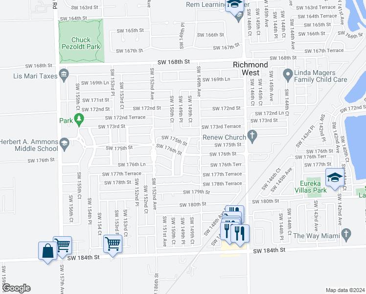 map of restaurants, bars, coffee shops, grocery stores, and more near 17611 Southwest 150th Court in Miami
