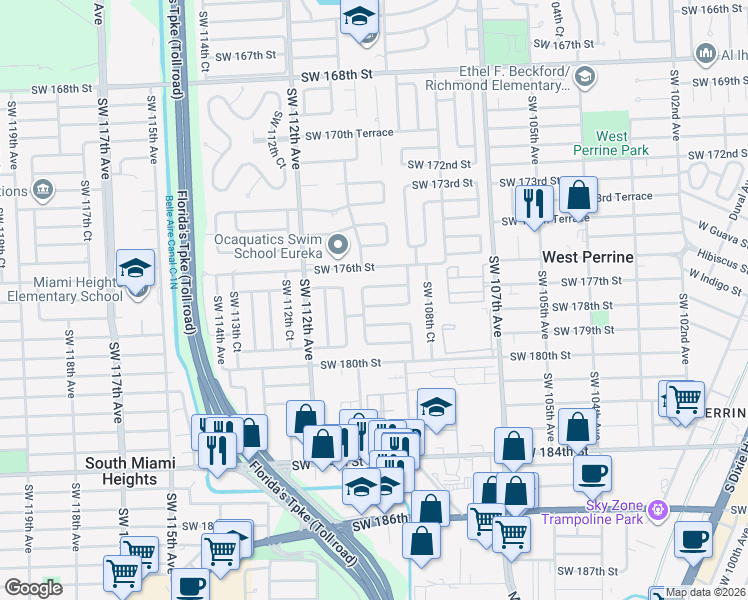 map of restaurants, bars, coffee shops, grocery stores, and more near 10961 Southwest 178th Terrace in Miami