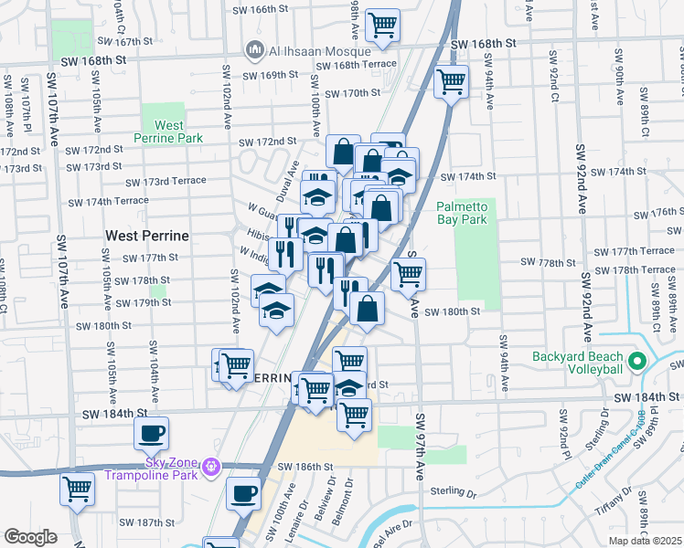 map of restaurants, bars, coffee shops, grocery stores, and more near 9910 West Hibiscus Street in Miami