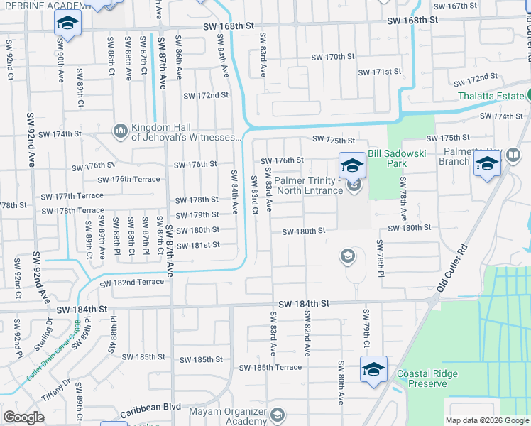 map of restaurants, bars, coffee shops, grocery stores, and more near 17800 Southwest 83rd Avenue in Palmetto Bay