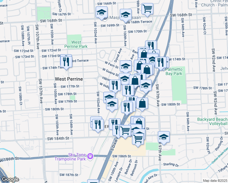 map of restaurants, bars, coffee shops, grocery stores, and more near 10030 West Indigo Street in Miami