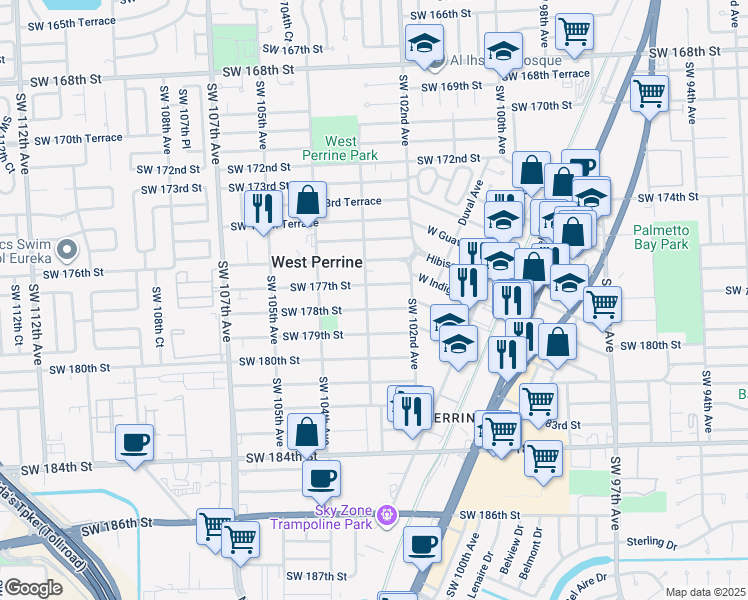 map of restaurants, bars, coffee shops, grocery stores, and more near 10250 Southwest 177th Street in Miami