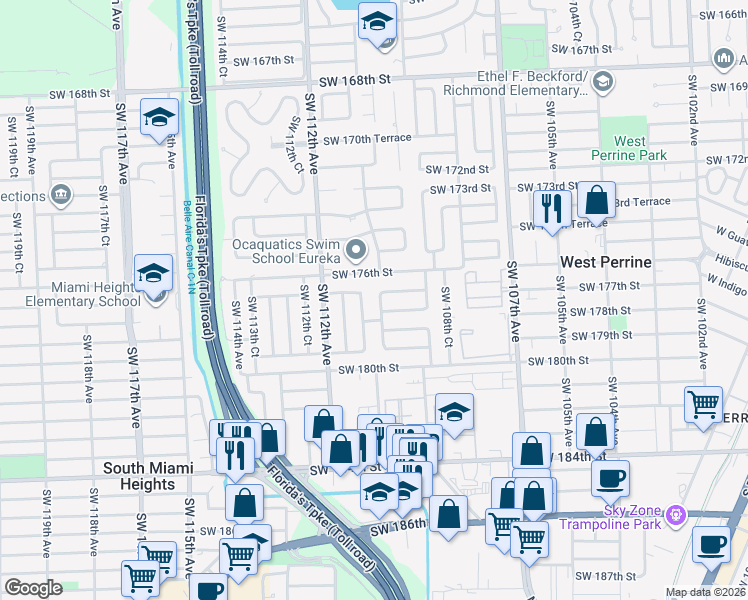 map of restaurants, bars, coffee shops, grocery stores, and more near 11015 Southwest 177th Street in Miami