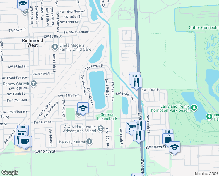 map of restaurants, bars, coffee shops, grocery stores, and more near 13908 Southwest 174th Terrace in Miami