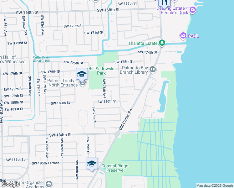 map of restaurants, bars, coffee shops, grocery stores, and more near 17820 Southwest 77th Avenue in Palmetto Bay